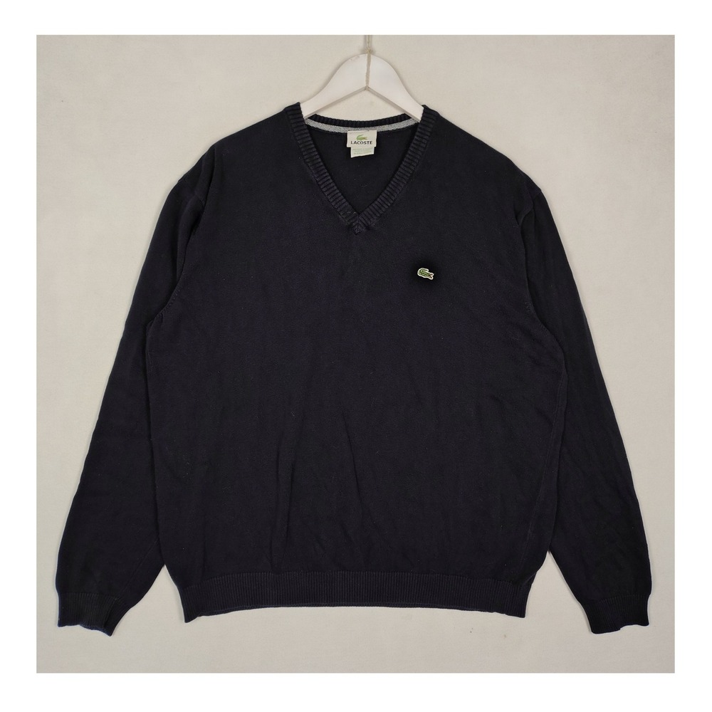 Lacoste V-Neck Pullover Sweater Black Cotton Knit Size 7 Logo Men Large XL
